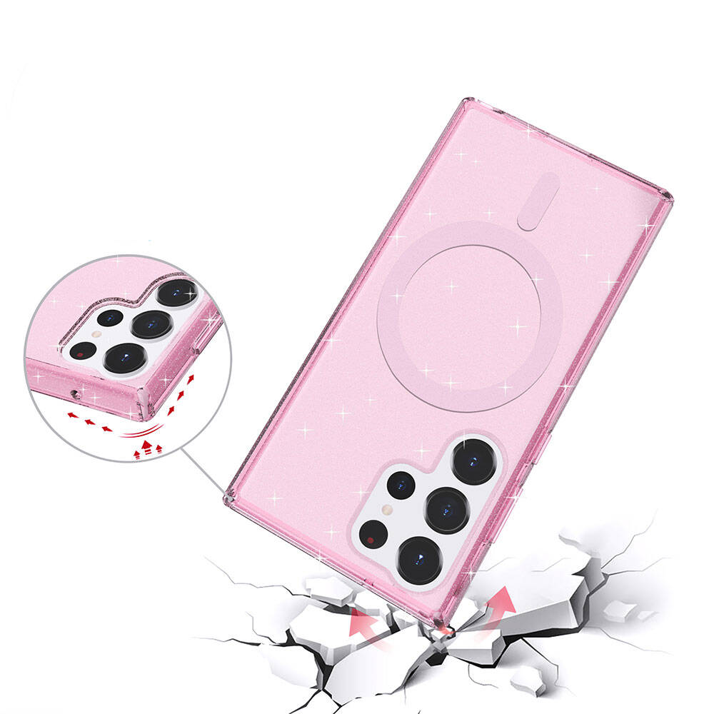 Galaxy S23 Ultra Kılıf M-safe Şarj Özellikli Parlayan Simli Saydam Renkli Zore Allstar Kılıf