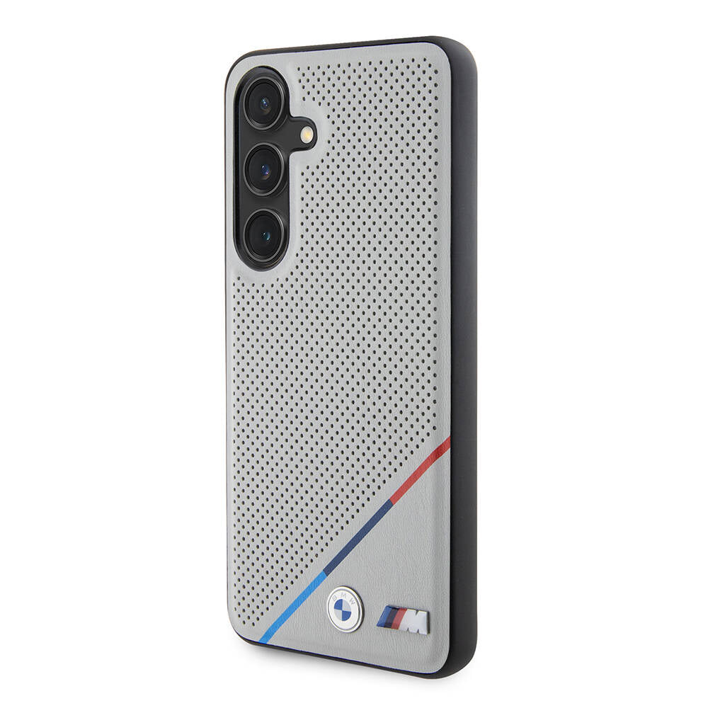 Galaxy S24 Kılıf BMW Orijinal Lisanslı M-safe Şarj Özellikli M Logolu Üç Çizgili Delikli Deri Kılıf