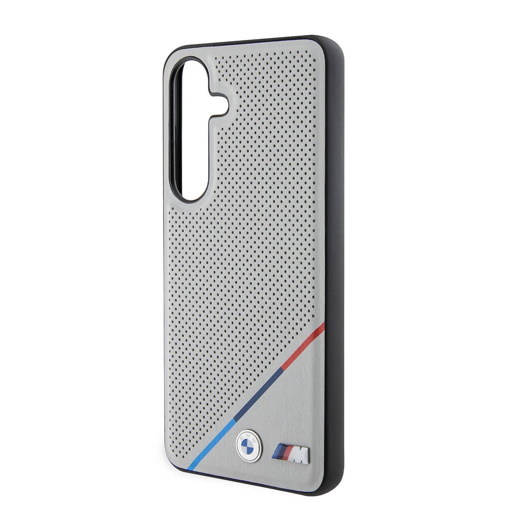 Galaxy S24 Kılıf BMW Orijinal Lisanslı M-safe Şarj Özellikli M Logolu Üç Çizgili Delikli Deri Kılıf