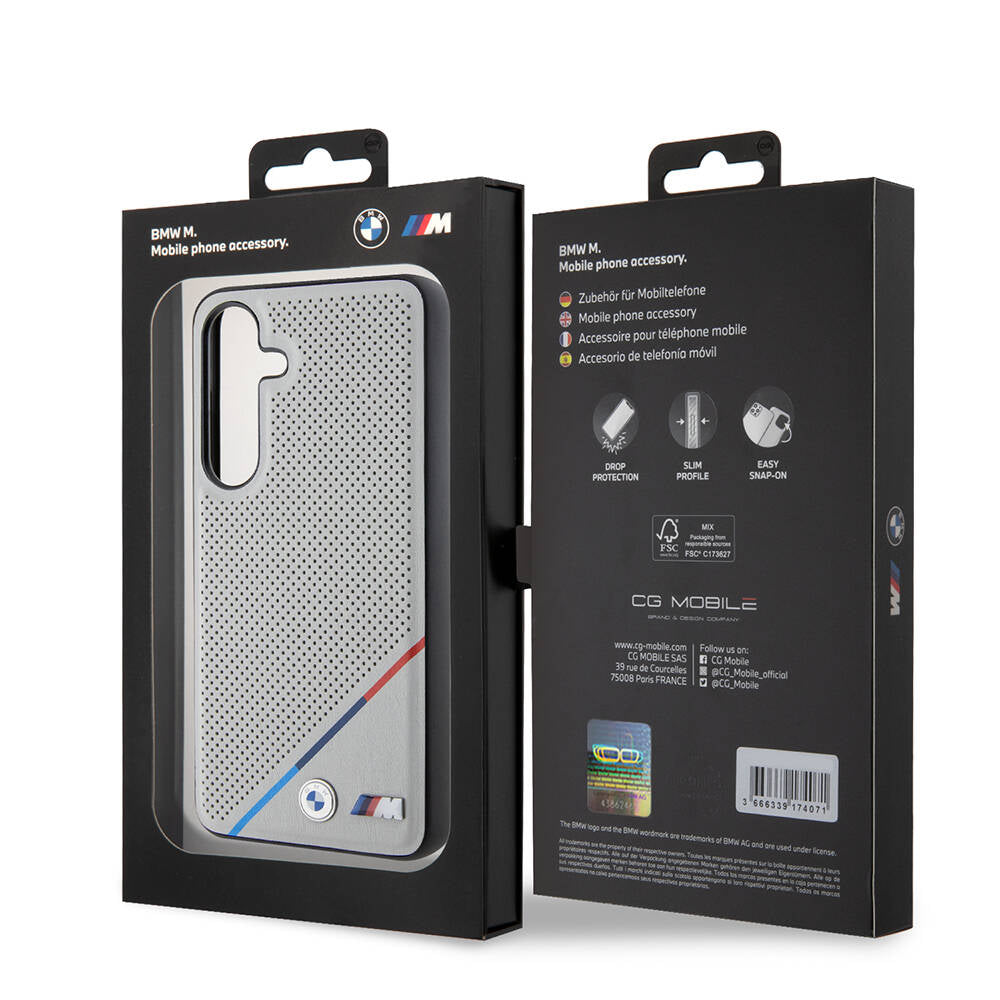Galaxy S24 Kılıf BMW Orijinal Lisanslı M-safe Şarj Özellikli M Logolu Üç Çizgili Delikli Deri Kılıf