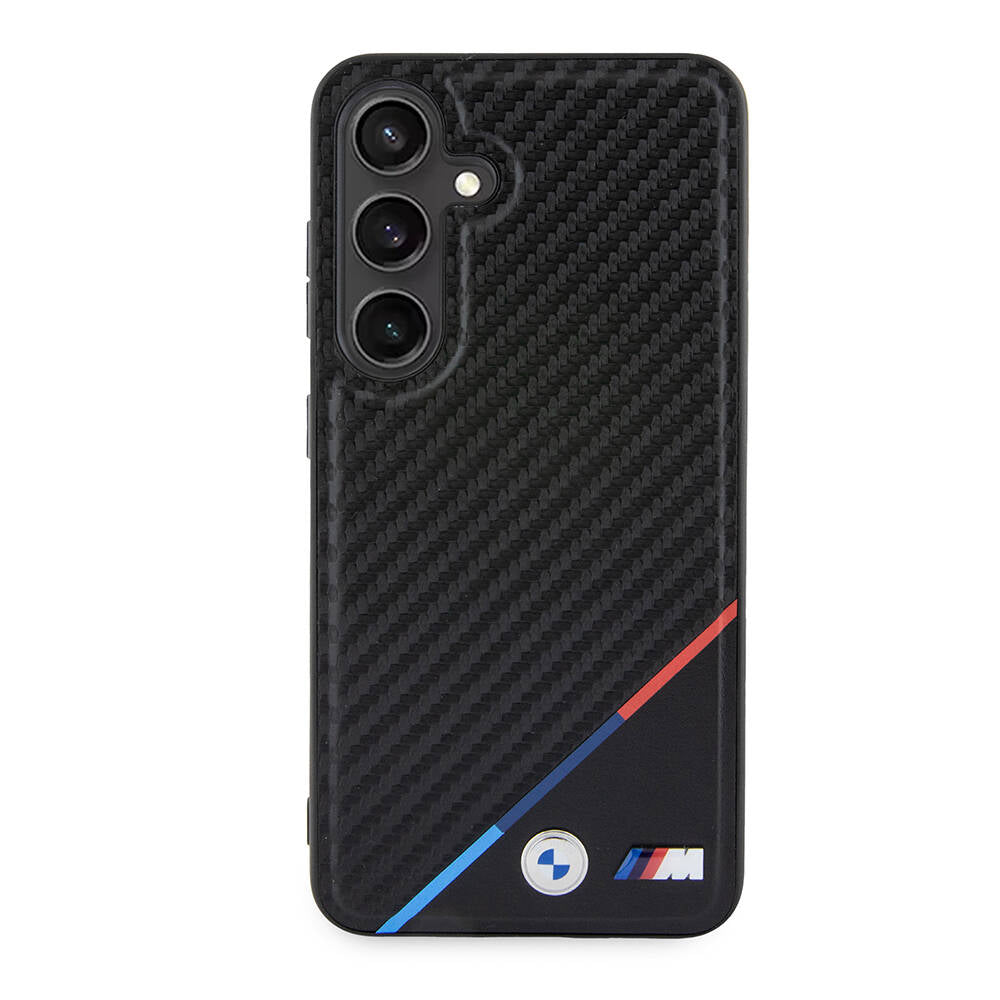 Galaxy S24 Kılıf BMW Orijinal Lisanslı M-safe Şarj Özellikli M Logolu Üç Çizgili PU Karbon Kılıf
