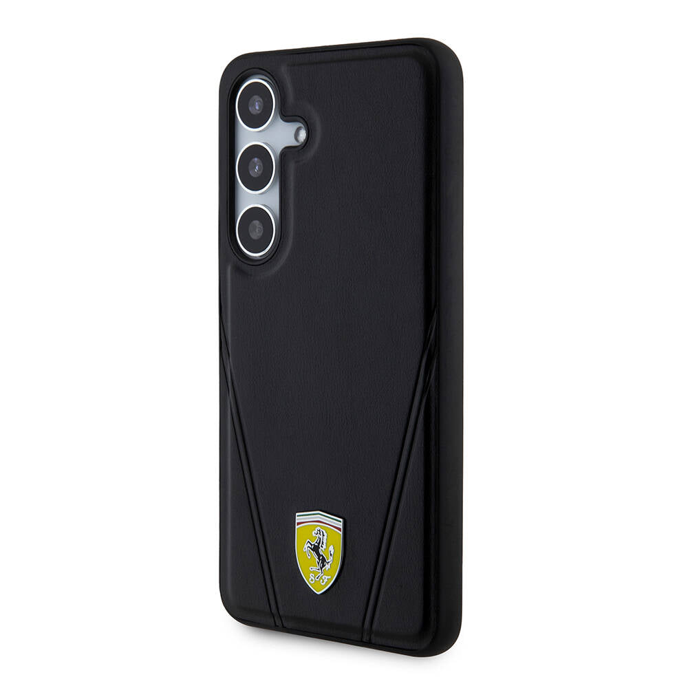 Galaxy S24 Kılıf Ferrari Orijinal Lisanslı M-safe Şarj Özellikli Sıcak Baskı V Çizgili Deri Kılıf