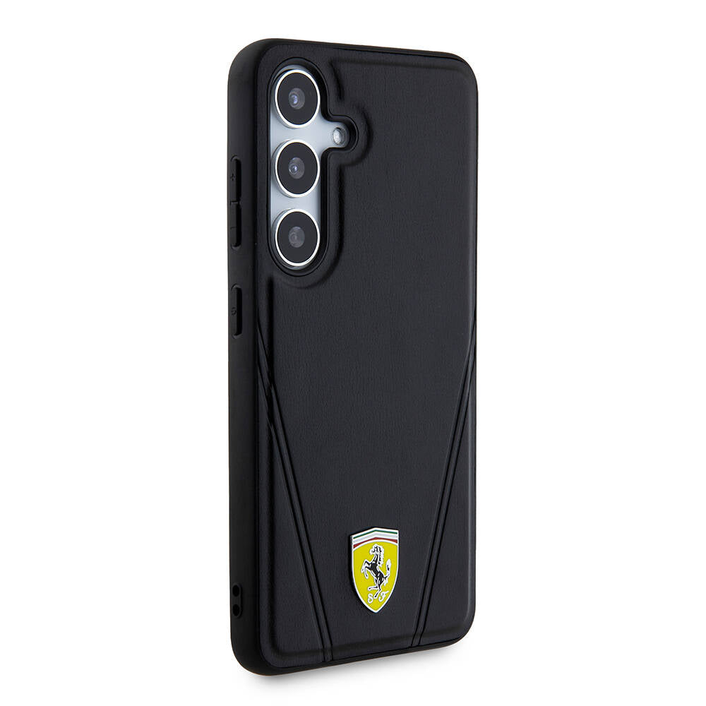 Galaxy S24 Kılıf Ferrari Orijinal Lisanslı M-safe Şarj Özellikli Sıcak Baskı V Çizgili Deri Kılıf