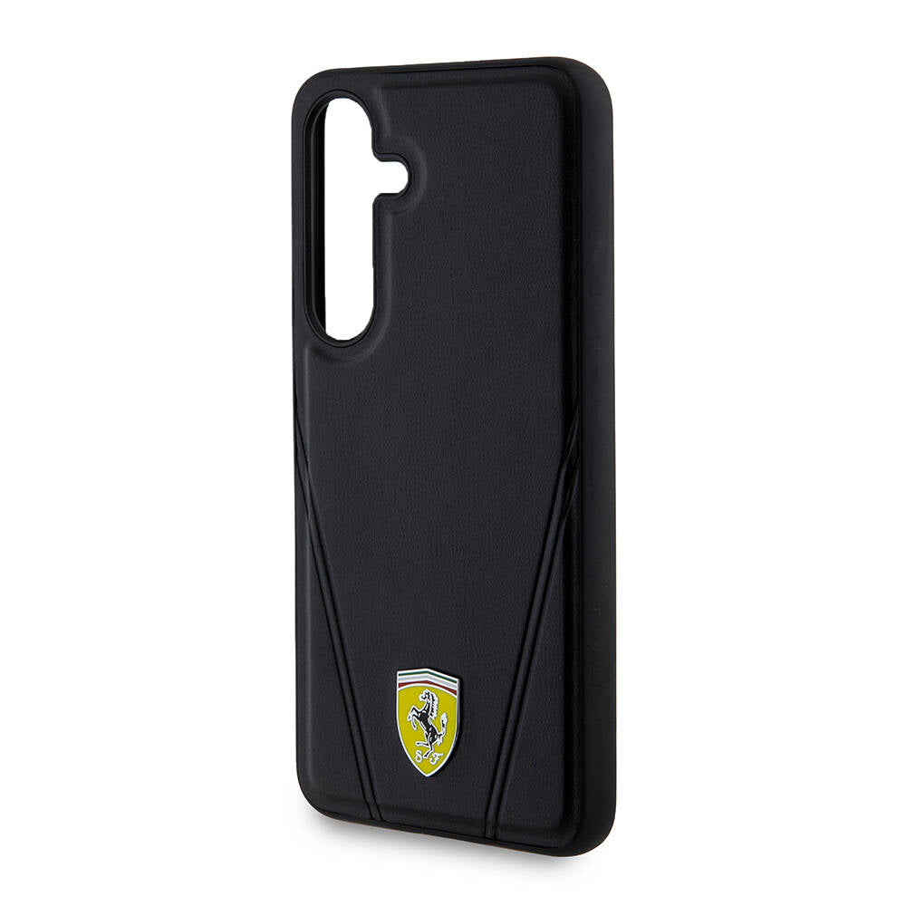 Galaxy S24 Kılıf Ferrari Orijinal Lisanslı M-safe Şarj Özellikli Sıcak Baskı V Çizgili Deri Kılıf