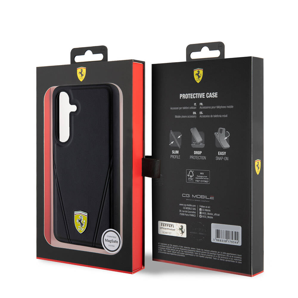 Galaxy S24 Kılıf Ferrari Orijinal Lisanslı M-safe Şarj Özellikli Sıcak Baskı V Çizgili Deri Kılıf