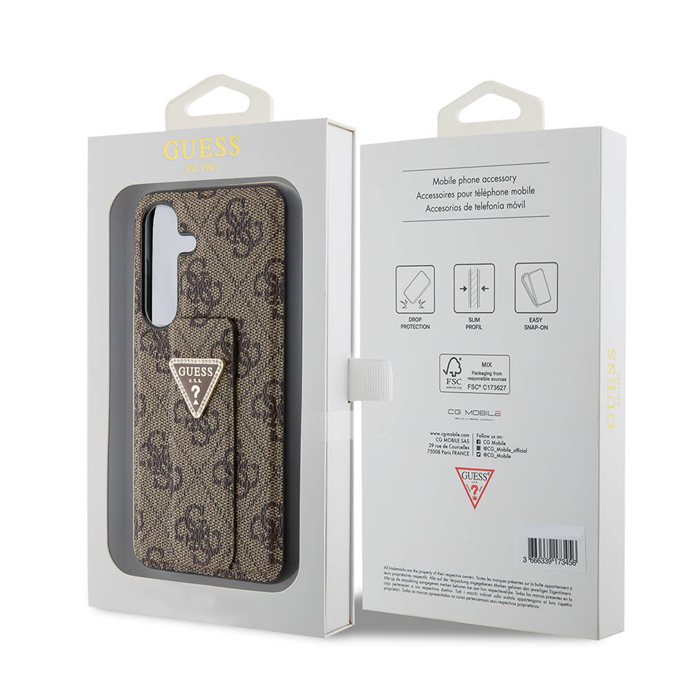Galaxy S24 Kılıf Guess Orijinal Lisanslı 4G Desenli Üçgen Logolu Standlı Deri Kılıf