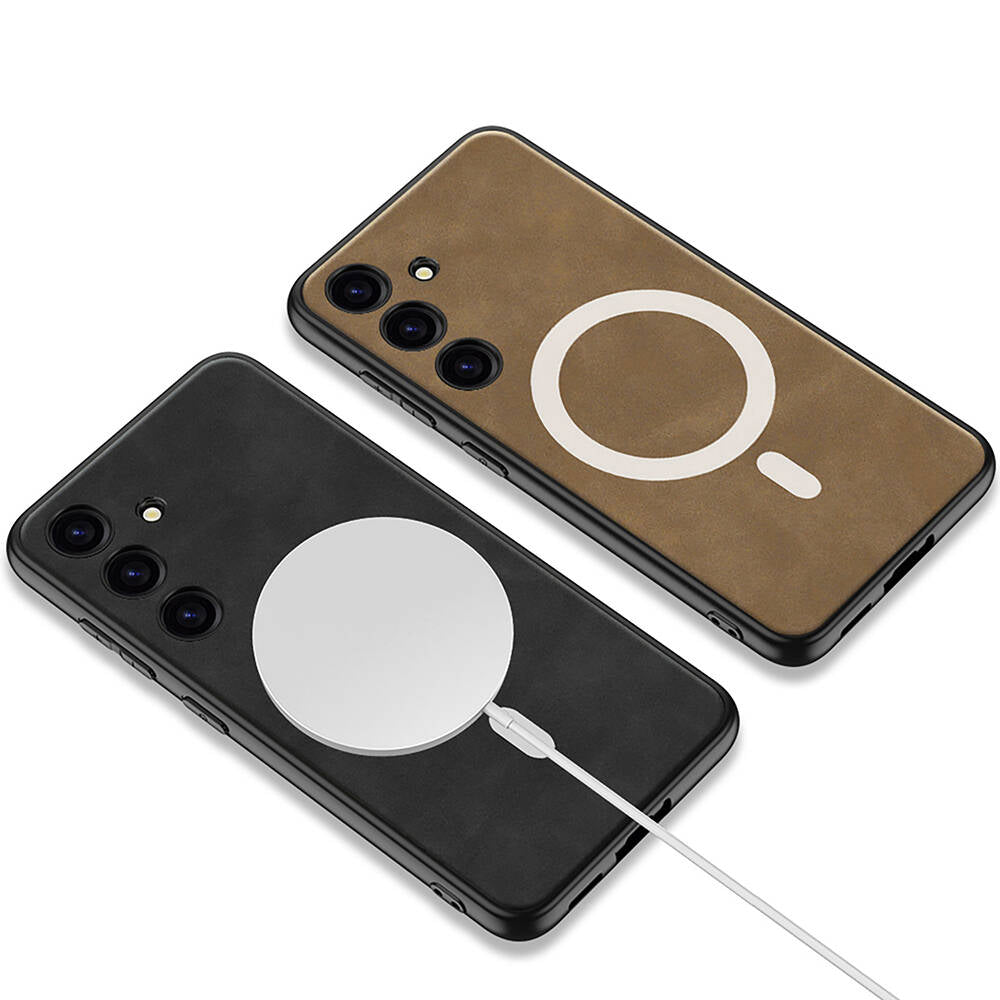 Galaxy S24 Kılıf M-safe Şarj Özellikli Deri Tasarımlı Zore Kıpta Nubuk Kılıf