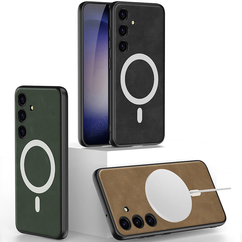 Galaxy S24 Kılıf M-safe Şarj Özellikli Deri Tasarımlı Zore Kıpta Nubuk Kılıf