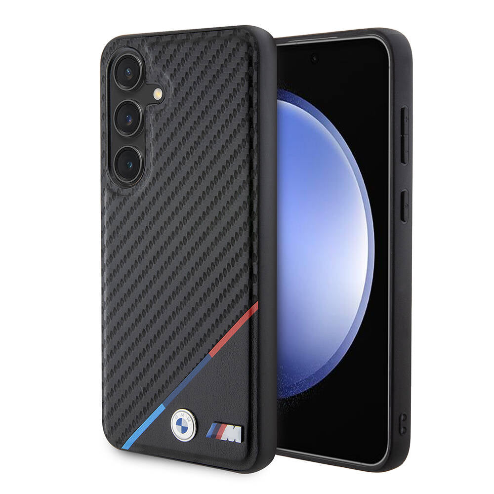 Galaxy S24 Plus Kılıf BMW Orijinal Lisanslı M-safe Şarj Özellikli M Logolu Üç Çizgili PU Karbon Kılıf