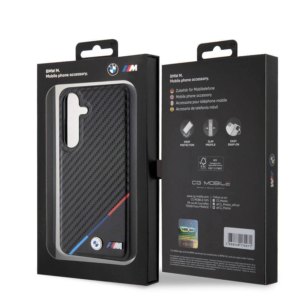 Galaxy S24 Plus Kılıf BMW Orijinal Lisanslı M-safe Şarj Özellikli M Logolu Üç Çizgili PU Karbon Kılıf