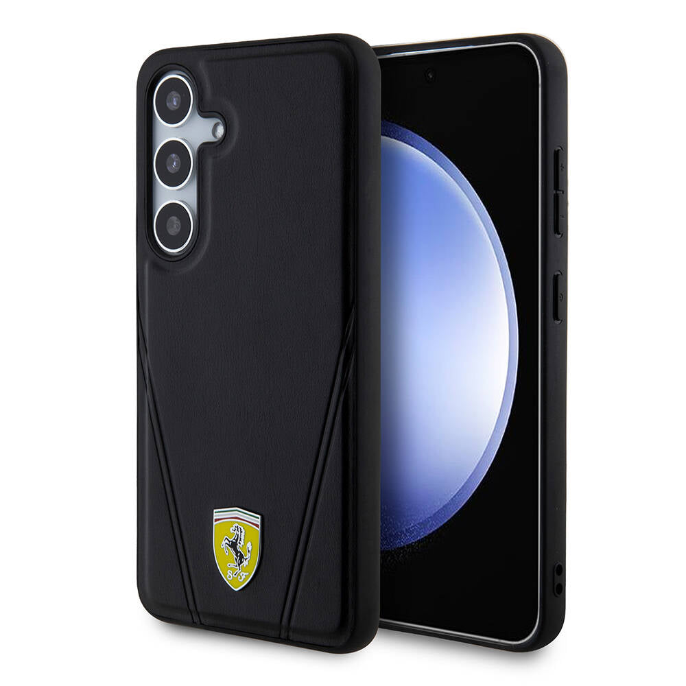 Galaxy S24 Plus Kılıf Ferrari Orijinal Lisanslı M-safe Şarj Özellikli Sıcak Baskı V Çizgili Deri Kılıf