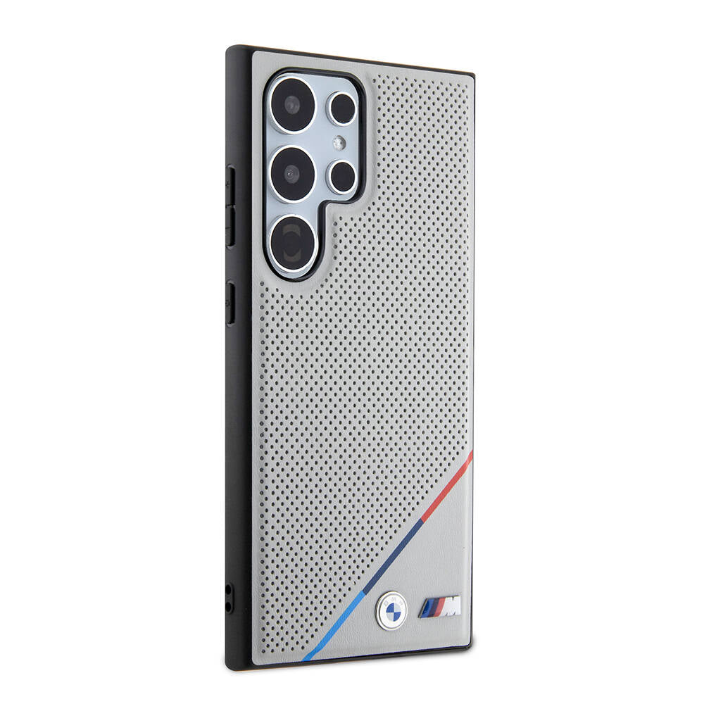 Galaxy S24 Ultra Kılıf BMW Orijinal Lisanslı M-safe Şarj Özellikli M Logolu Üç Çizgili Delikli Deri Kılıf