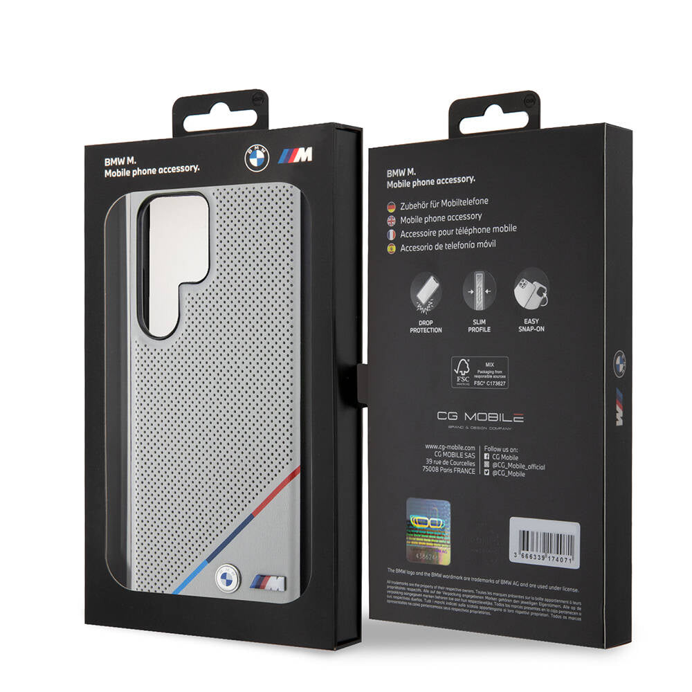Galaxy S24 Ultra Kılıf BMW Orijinal Lisanslı M-safe Şarj Özellikli M Logolu Üç Çizgili Delikli Deri Kılıf