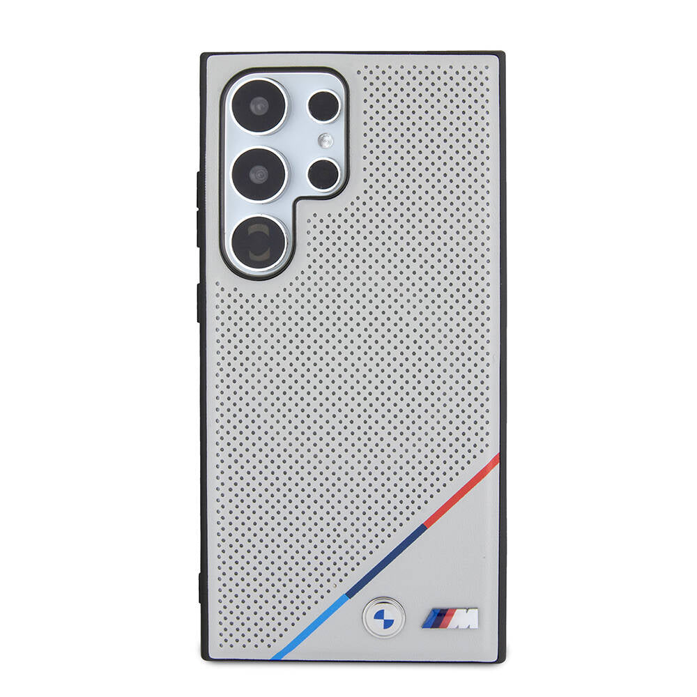 Galaxy S24 Ultra Kılıf BMW Orijinal Lisanslı M-safe Şarj Özellikli M Logolu Üç Çizgili Delikli Deri Kılıf