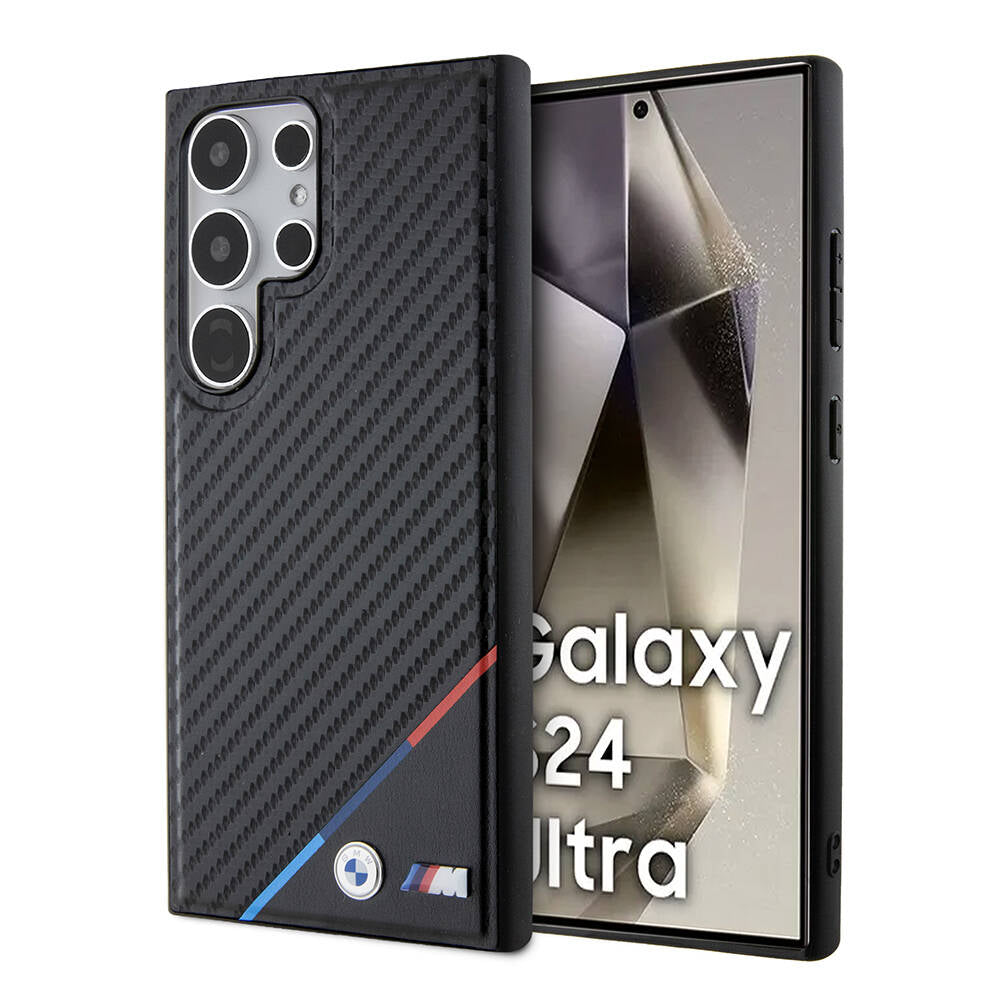 Galaxy S24 Ultra Kılıf BMW Orijinal Lisanslı M-safe Şarj Özellikli M Logolu Üç Çizgili PU Karbon Kılıf