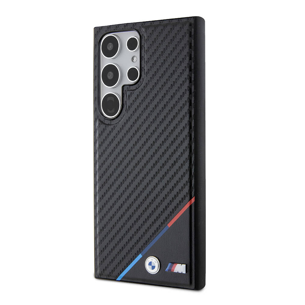 Galaxy S24 Ultra Kılıf BMW Orijinal Lisanslı M-safe Şarj Özellikli M Logolu Üç Çizgili PU Karbon Kılıf