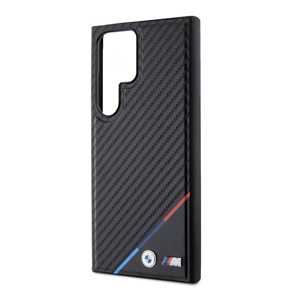 Galaxy S24 Ultra Kılıf BMW Orijinal Lisanslı M-safe Şarj Özellikli M Logolu Üç Çizgili PU Karbon Kılıf