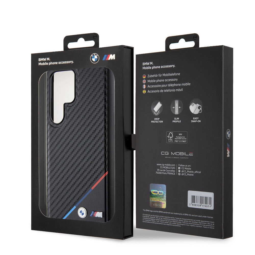 Galaxy S24 Ultra Kılıf BMW Orijinal Lisanslı M-safe Şarj Özellikli M Logolu Üç Çizgili PU Karbon Kılıf