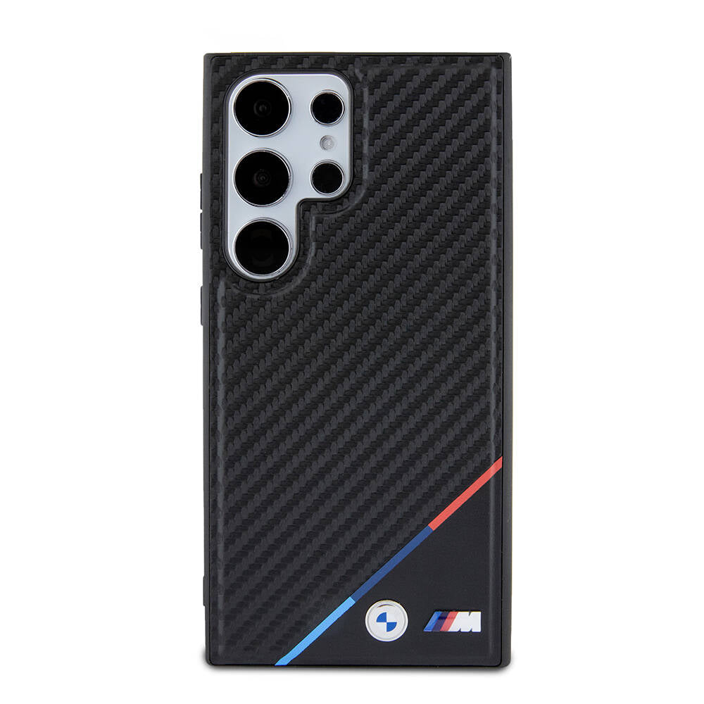 Galaxy S24 Ultra Kılıf BMW Orijinal Lisanslı M-safe Şarj Özellikli M Logolu Üç Çizgili PU Karbon Kılıf