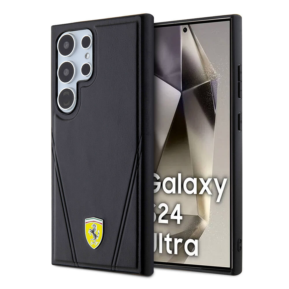Galaxy S24 Ultra Kılıf Ferrari Orijinal Lisanslı M-safe Şarj Özellikli Sıcak Baskı V Çizgili Deri Kılıf