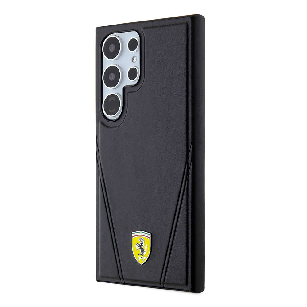 Galaxy S24 Ultra Kılıf Ferrari Orijinal Lisanslı M-safe Şarj Özellikli Sıcak Baskı V Çizgili Deri Kılıf