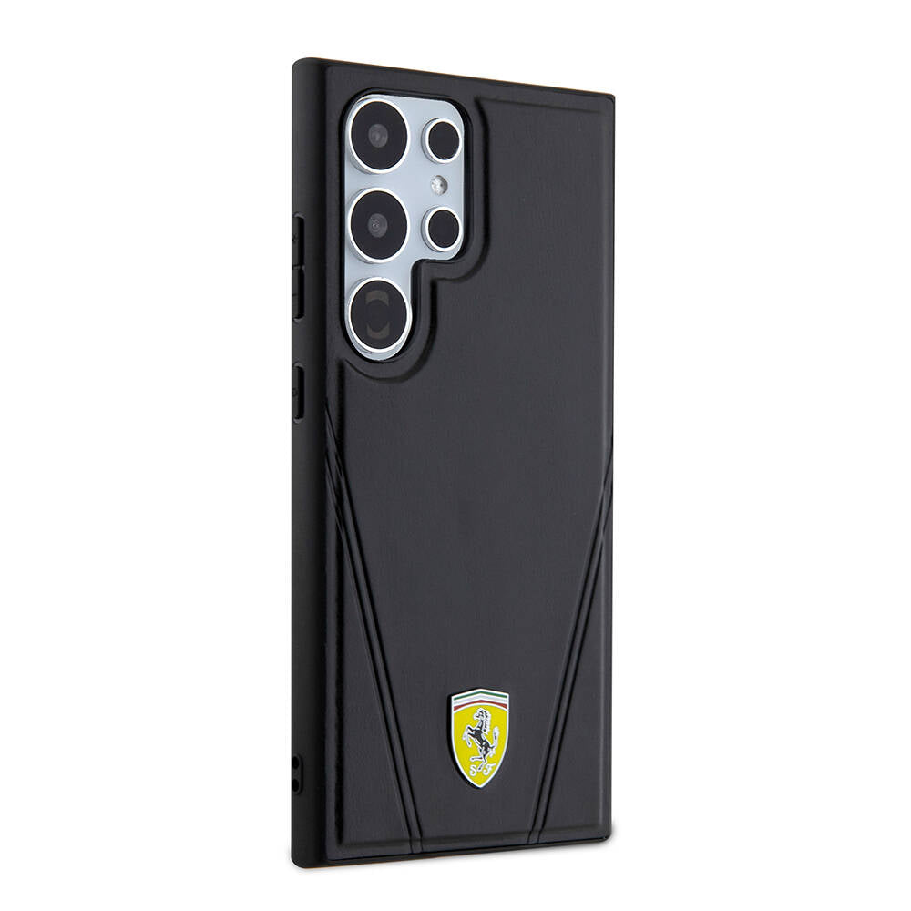 Galaxy S24 Ultra Kılıf Ferrari Orijinal Lisanslı M-safe Şarj Özellikli Sıcak Baskı V Çizgili Deri Kılıf