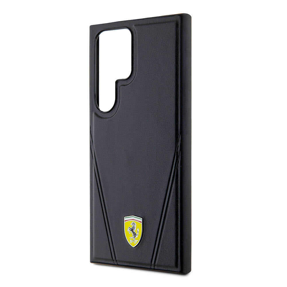 Galaxy S24 Ultra Kılıf Ferrari Orijinal Lisanslı M-safe Şarj Özellikli Sıcak Baskı V Çizgili Deri Kılıf