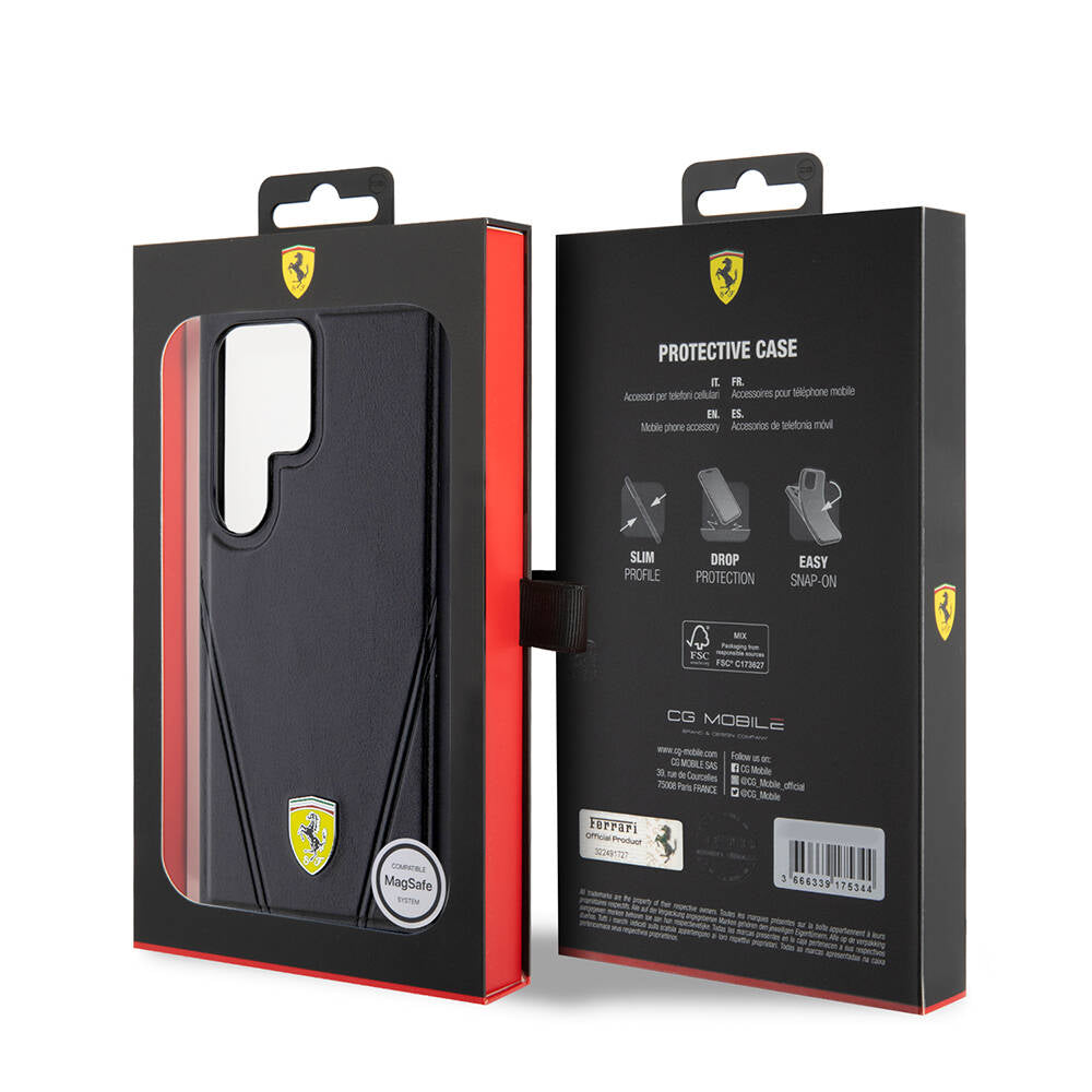 Galaxy S24 Ultra Kılıf Ferrari Orijinal Lisanslı M-safe Şarj Özellikli Sıcak Baskı V Çizgili Deri Kılıf