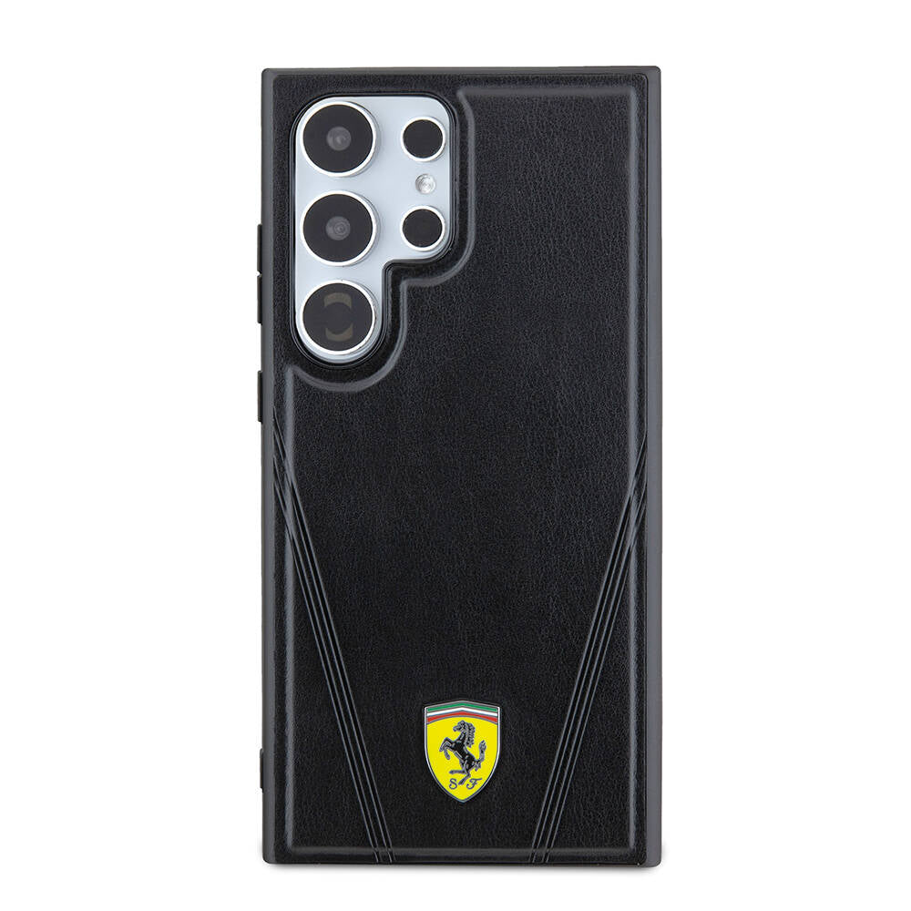 Galaxy S24 Ultra Kılıf Ferrari Orijinal Lisanslı M-safe Şarj Özellikli Sıcak Baskı V Çizgili Deri Kılıf