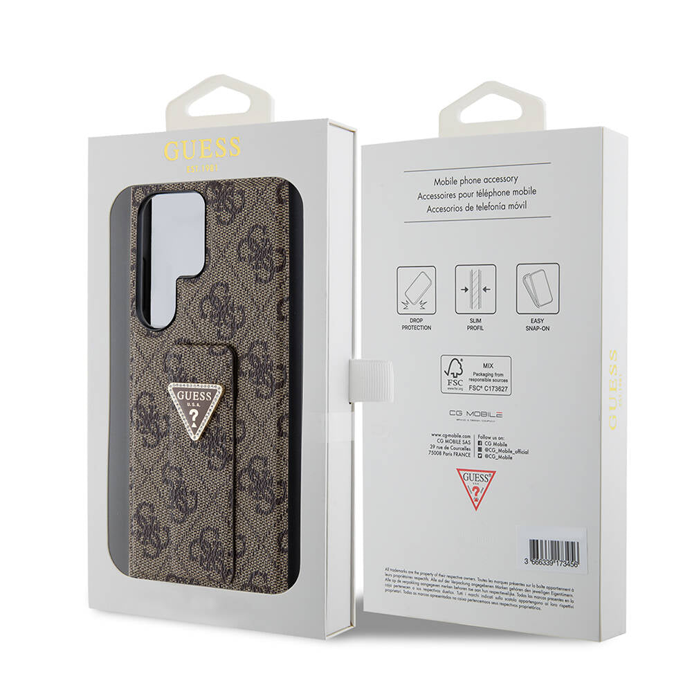 Galaxy S24 Ultra Kılıf Guess Orijinal Lisanslı 4G Desenli Üçgen Logolu Standlı Deri Kılıf