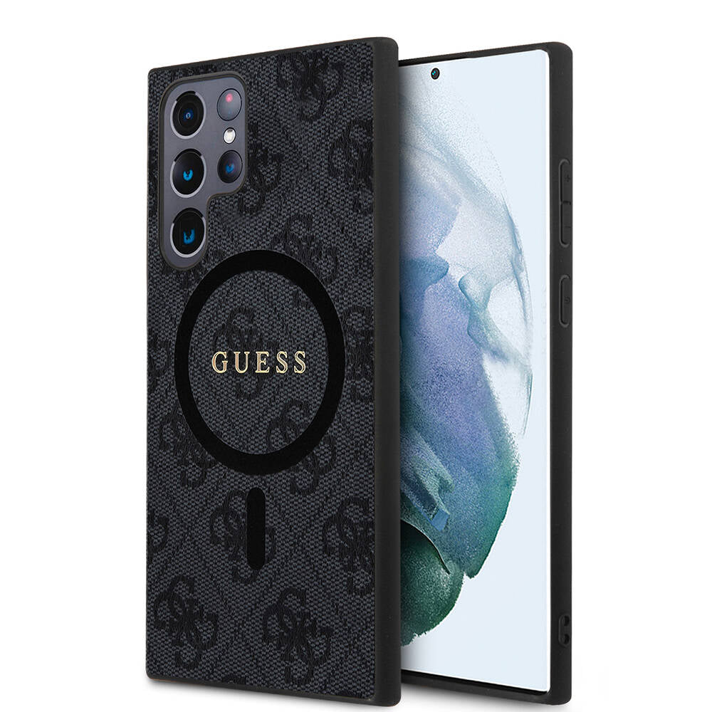 Galaxy S24 Ultra Kılıf Guess Orijinal Lisanslı M-safe Şarj Özellikli PU Halkalı 4G Desenli Yazı Logolu Kılıf