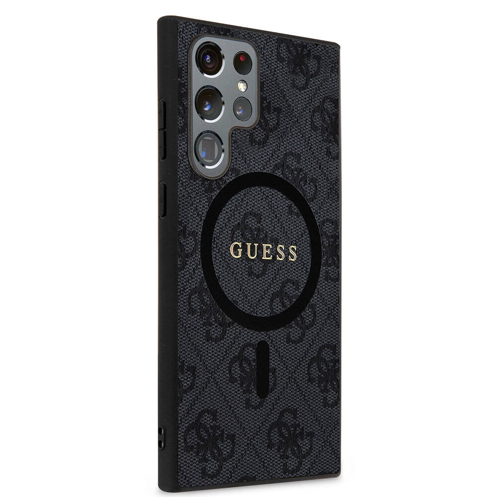 Galaxy S24 Ultra Kılıf Guess Orijinal Lisanslı M-safe Şarj Özellikli PU Halkalı 4G Desenli Yazı Logolu Kılıf