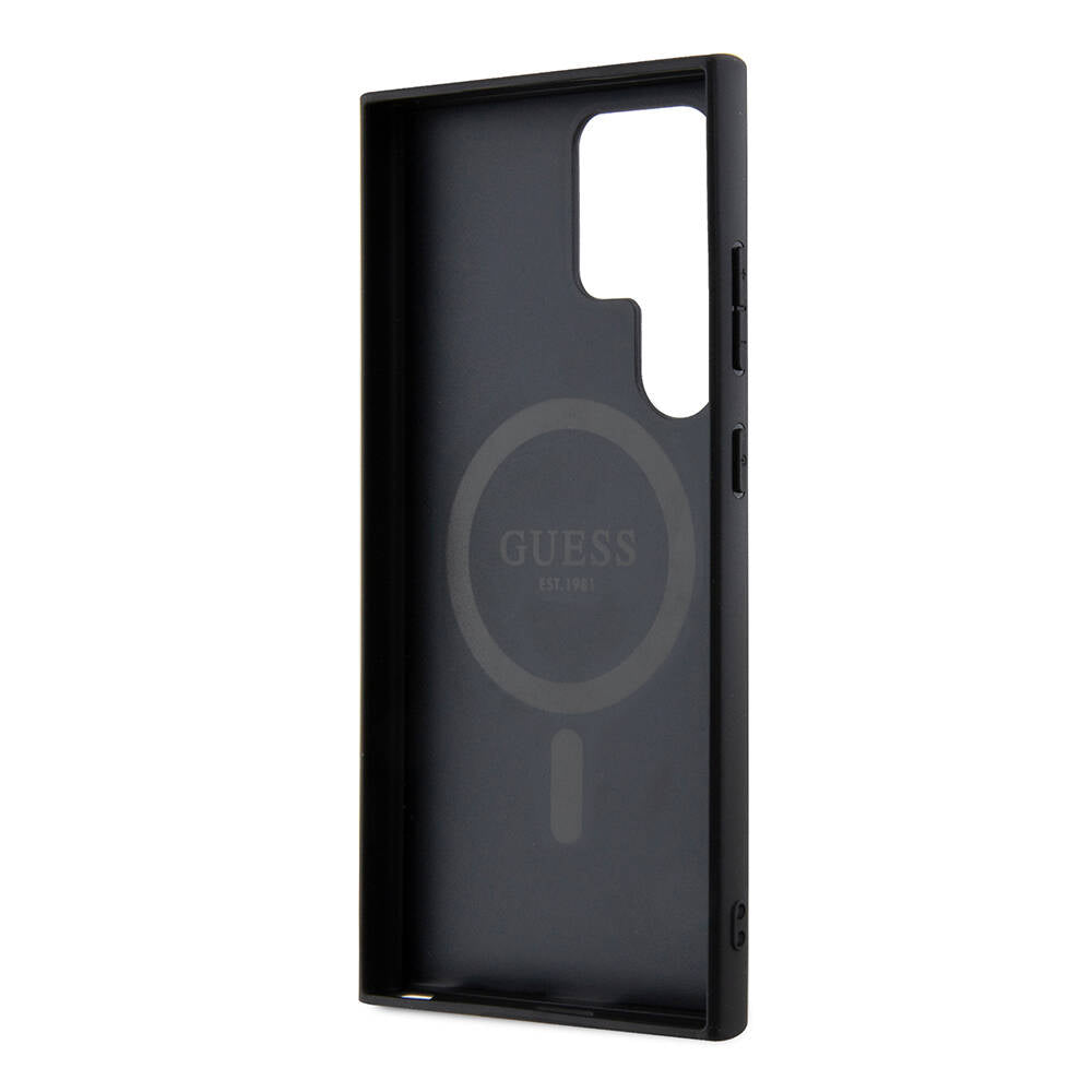 Galaxy S24 Ultra Kılıf Guess Orijinal Lisanslı M-safe Şarj Özellikli PU Halkalı 4G Desenli Yazı Logolu Kılıf