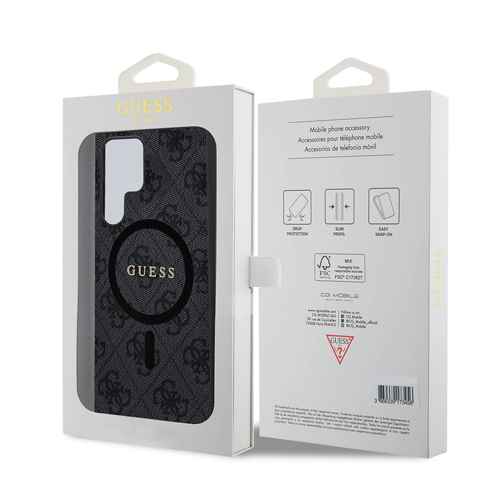 Galaxy S24 Ultra Kılıf Guess Orijinal Lisanslı M-safe Şarj Özellikli PU Halkalı 4G Desenli Yazı Logolu Kılıf