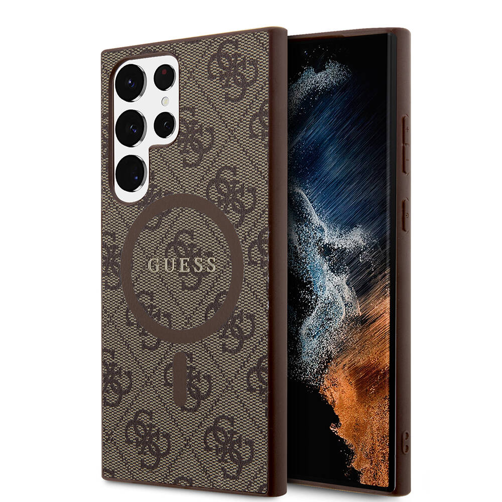 Galaxy S24 Ultra Kılıf Guess Orijinal Lisanslı M-safe Şarj Özellikli PU Halkalı 4G Desenli Yazı Logolu Kılıf