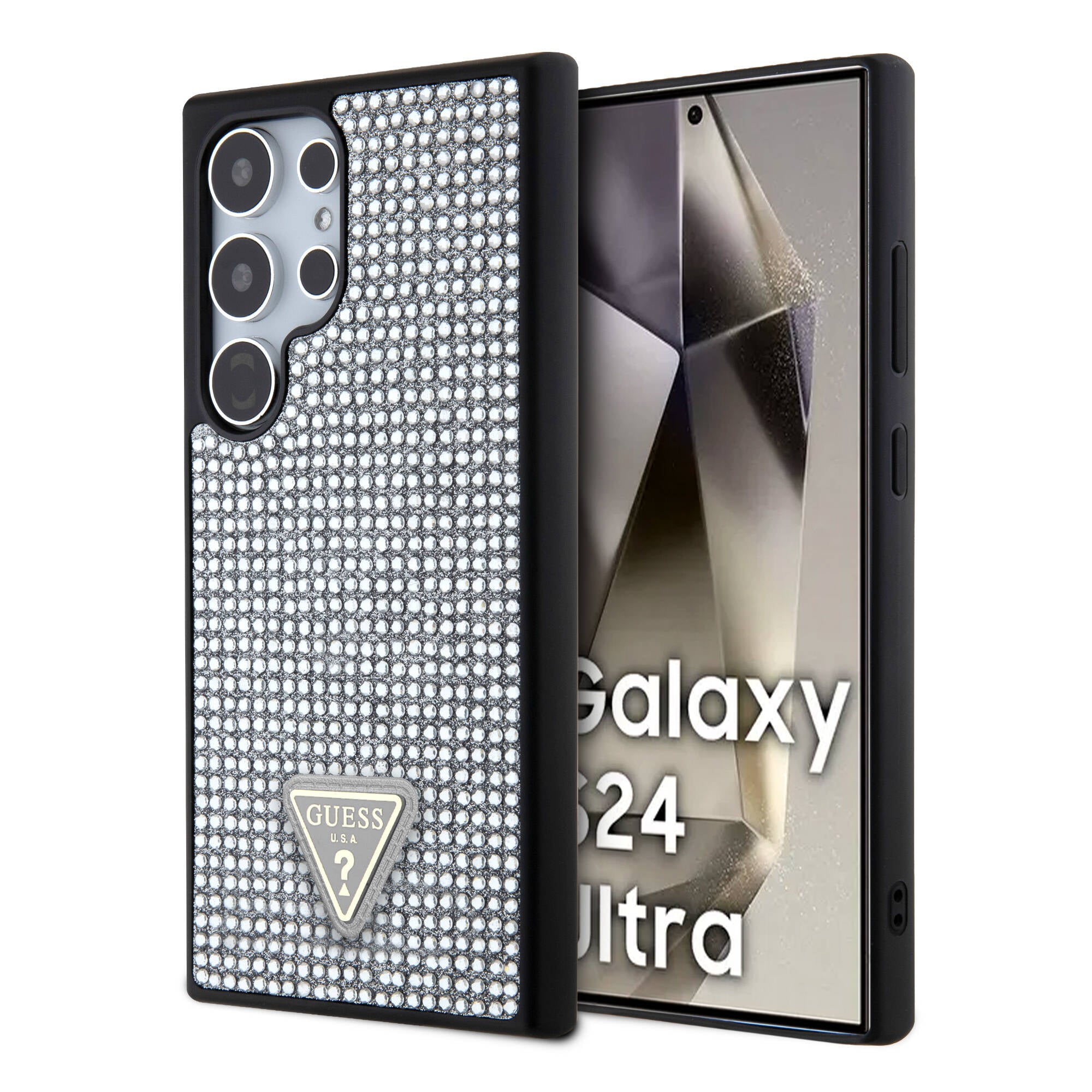 Galaxy S24 Ultra Kılıf Guess Orijinal Lisanslı Taşlı Arka Yüzey Üçgen Logolu Kılıf