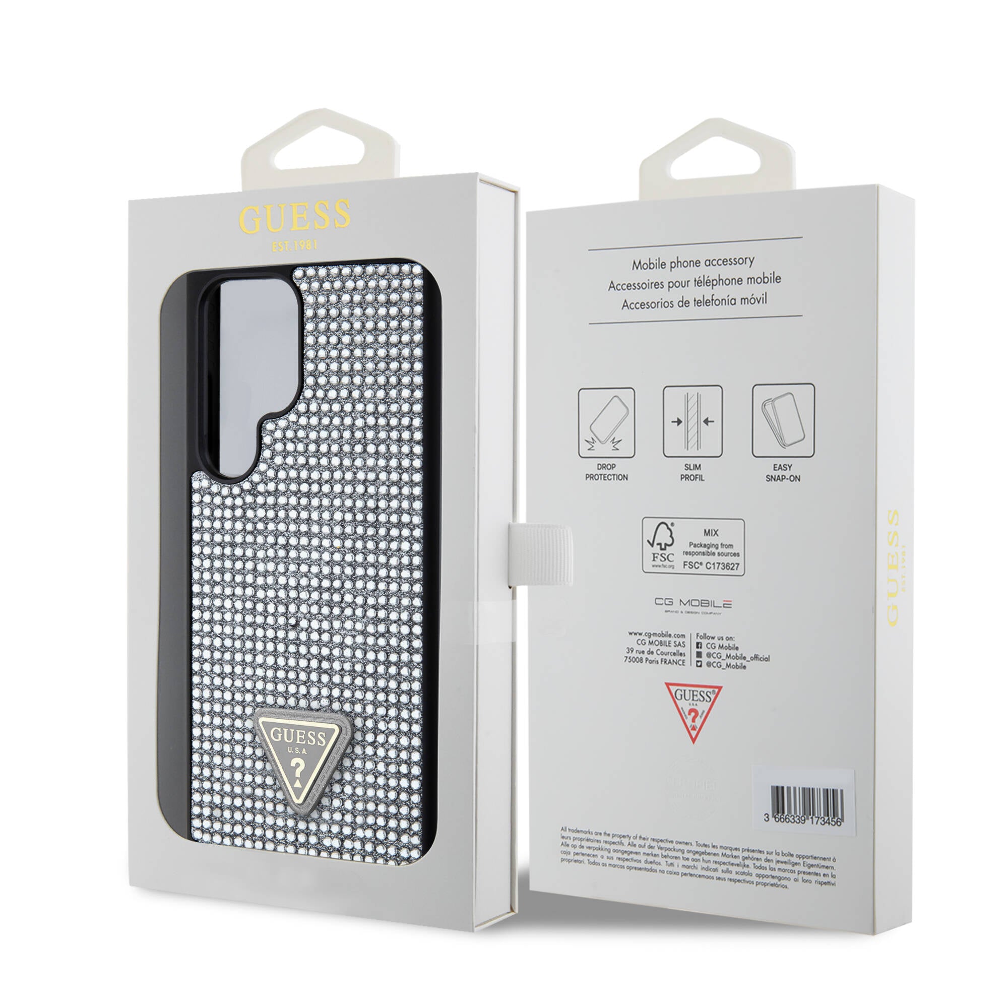 Galaxy S24 Ultra Kılıf Guess Orijinal Lisanslı Taşlı Arka Yüzey Üçgen Logolu Kılıf