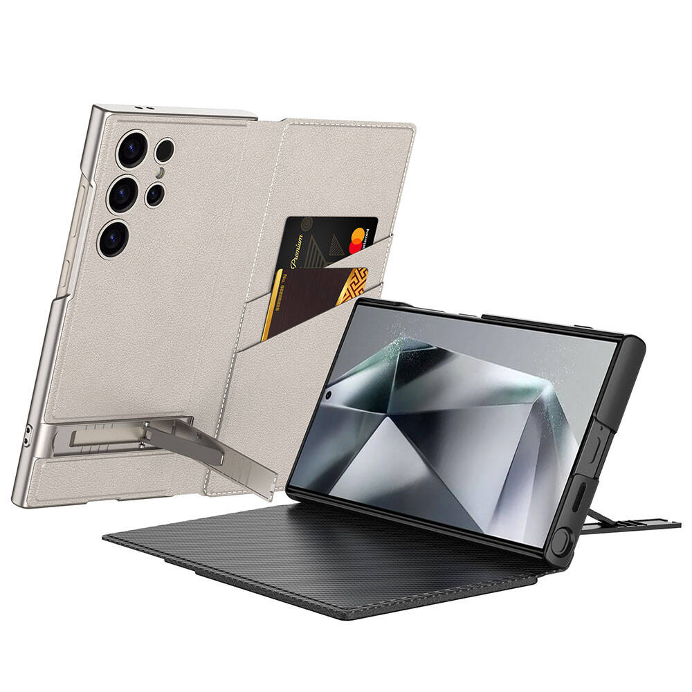 Galaxy S24 Ultra Kılıf Kamera Korumalı Suni Deri Tasarım Zore Droga Standlı Kartlıklı Kılıf