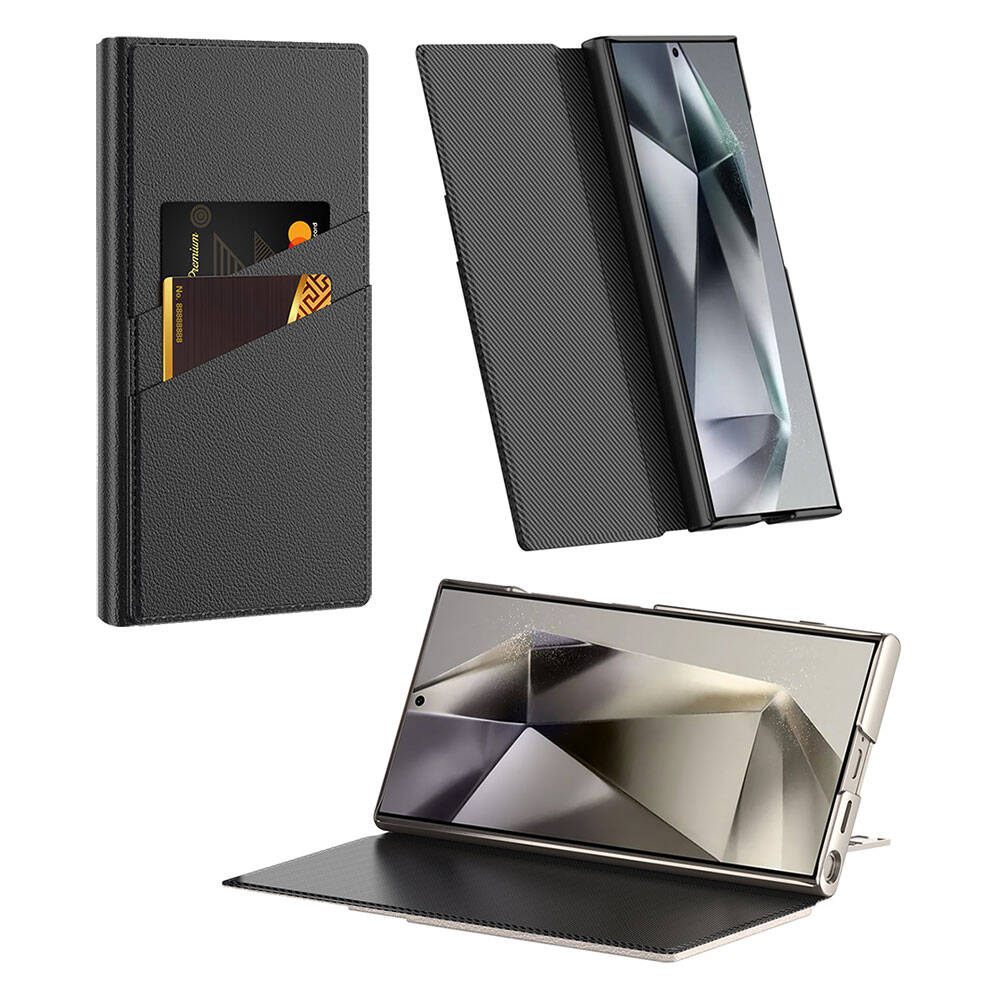 Galaxy S24 Ultra Kılıf Kamera Korumalı Suni Deri Tasarım Zore Droga Standlı Kartlıklı Kılıf