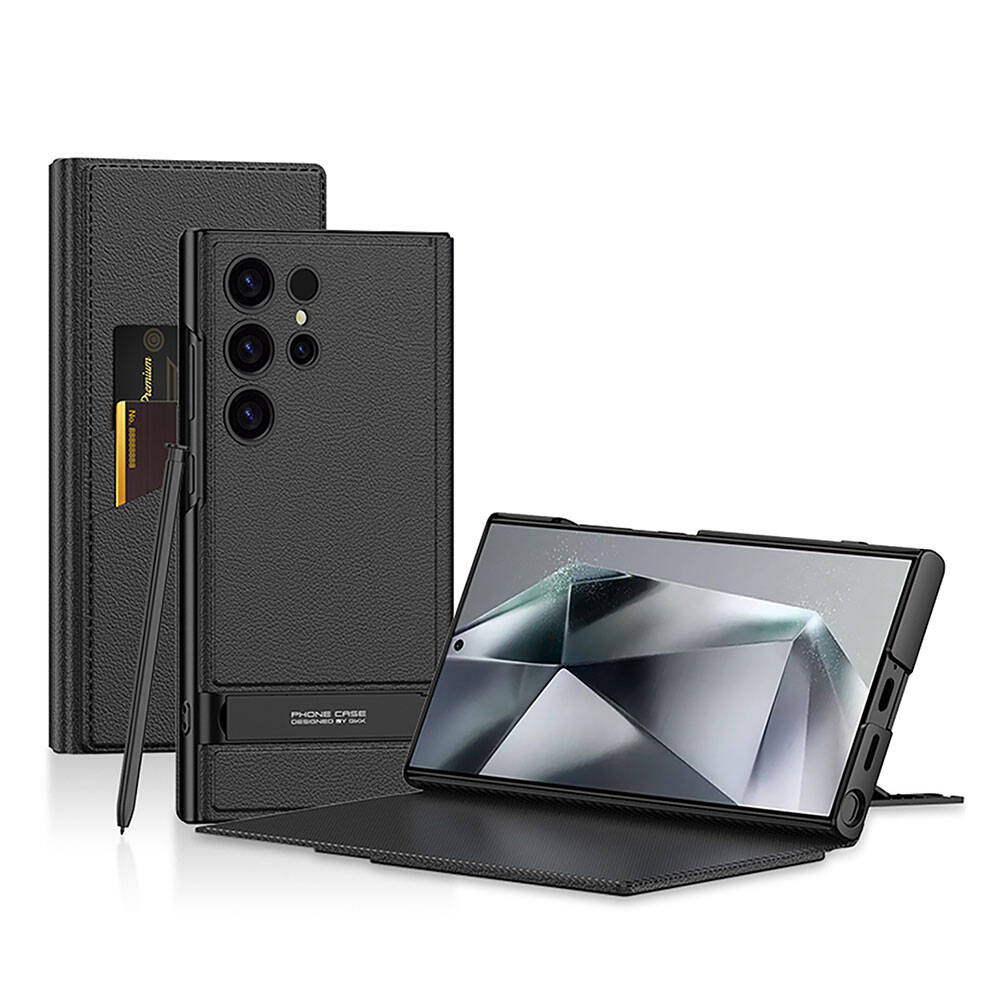 Galaxy S24 Ultra Kılıf Kamera Korumalı Suni Deri Tasarım Zore Droga Standlı Kartlıklı Kılıf