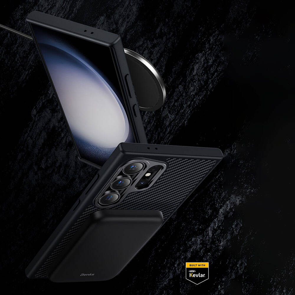 Galaxy S24 Ultra Kılıf Karbon Fiber M-safe Şarj Özellikli Benks Hybrid ArmorPro 600D Kevlar Kılıf