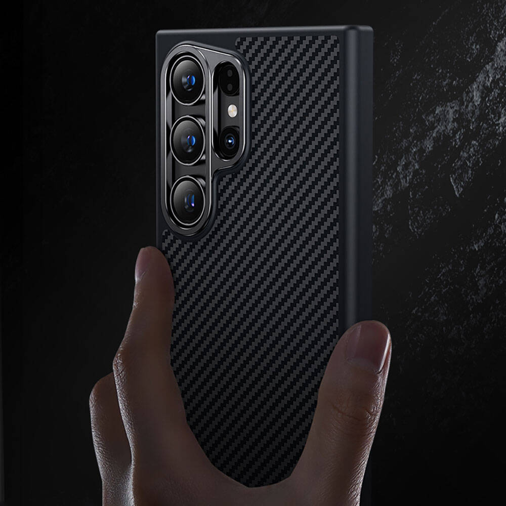 Galaxy S24 Ultra Kılıf Karbon Fiber M-safe Şarj Özellikli Benks Hybrid ArmorPro 600D Kevlar Kılıf