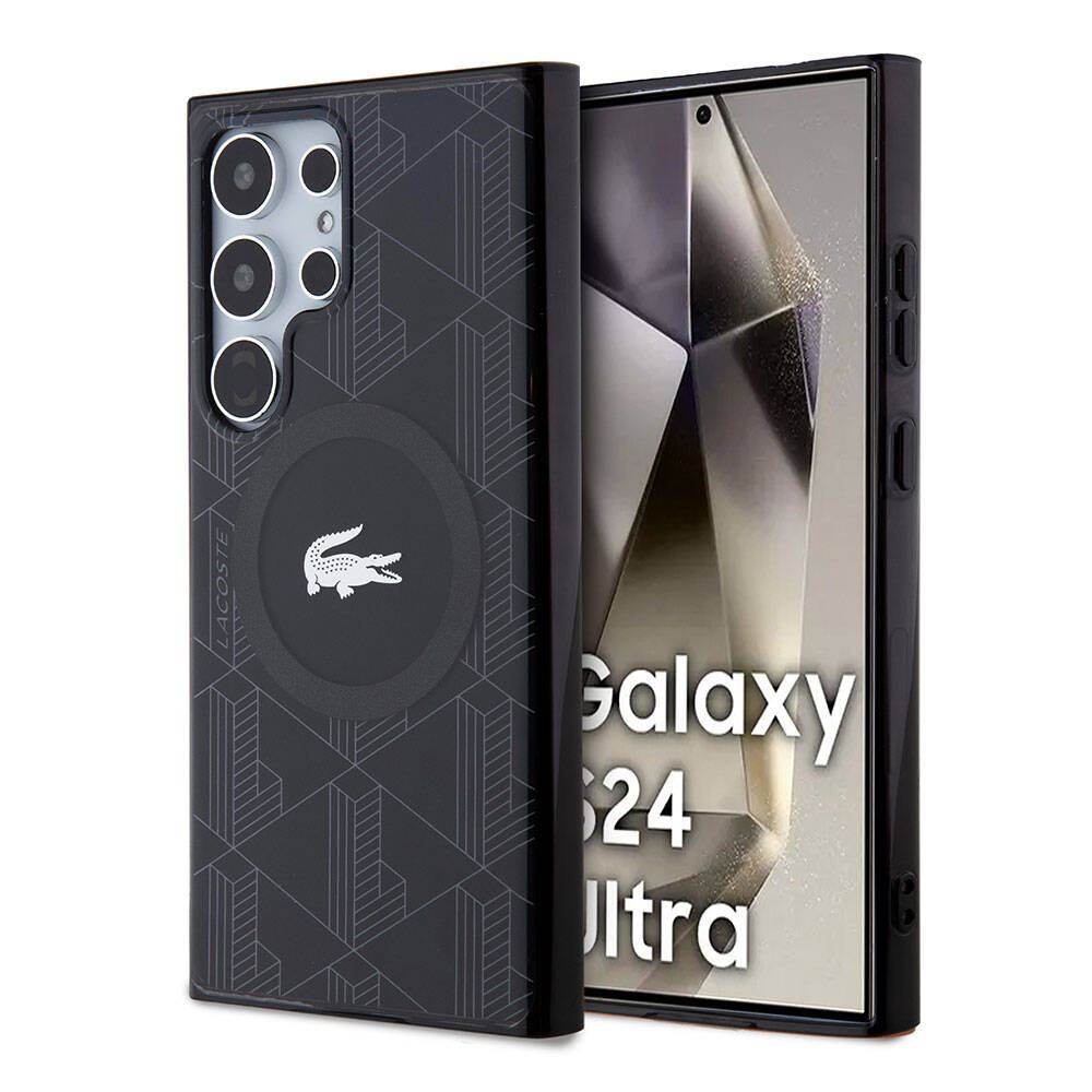 Galaxy S24 Ultra Kılıf Lacoste Orijinal Lisanslı M-safe Şarj Özellikli Çift Katmanlı Timsah Logolu Blend Monogram Kılıf