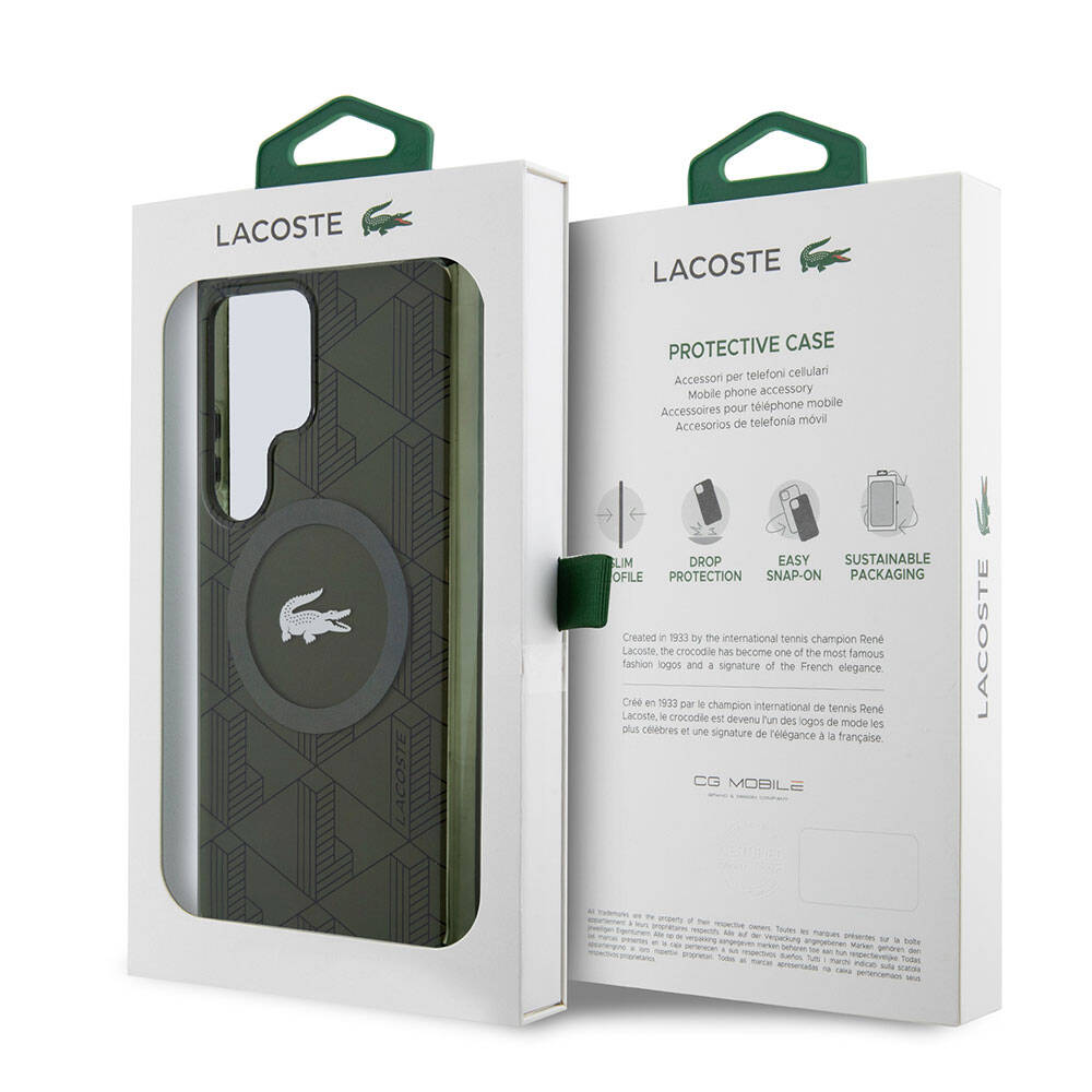 Galaxy S24 Ultra Kılıf Lacoste Orijinal Lisanslı M-safe Şarj Özellikli Çift Katmanlı Timsah Logolu Blend Monogram Kılıf