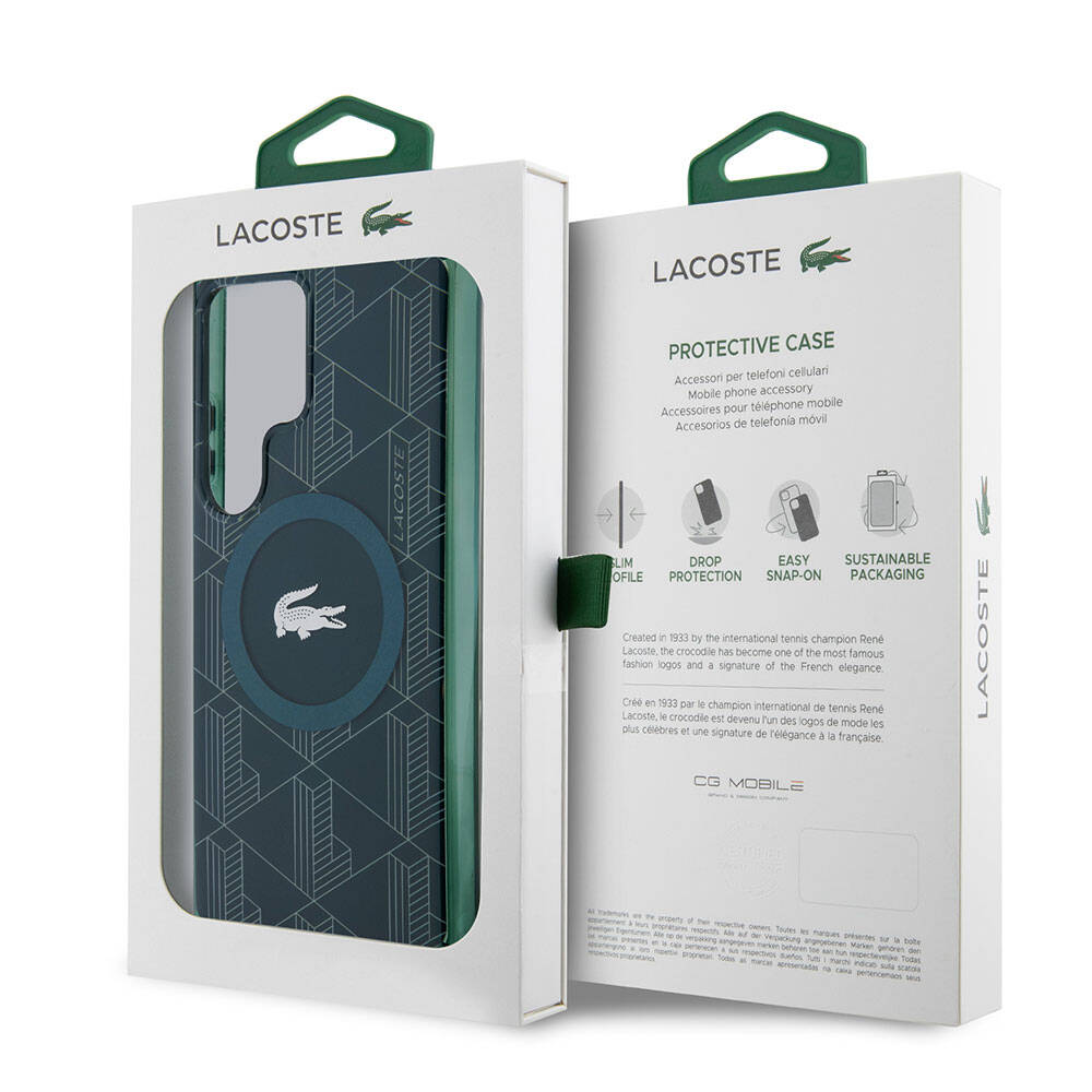 Galaxy S24 Ultra Kılıf Lacoste Orijinal Lisanslı M-safe Şarj Özellikli Çift Katmanlı Timsah Logolu Blend Monogram Kılıf