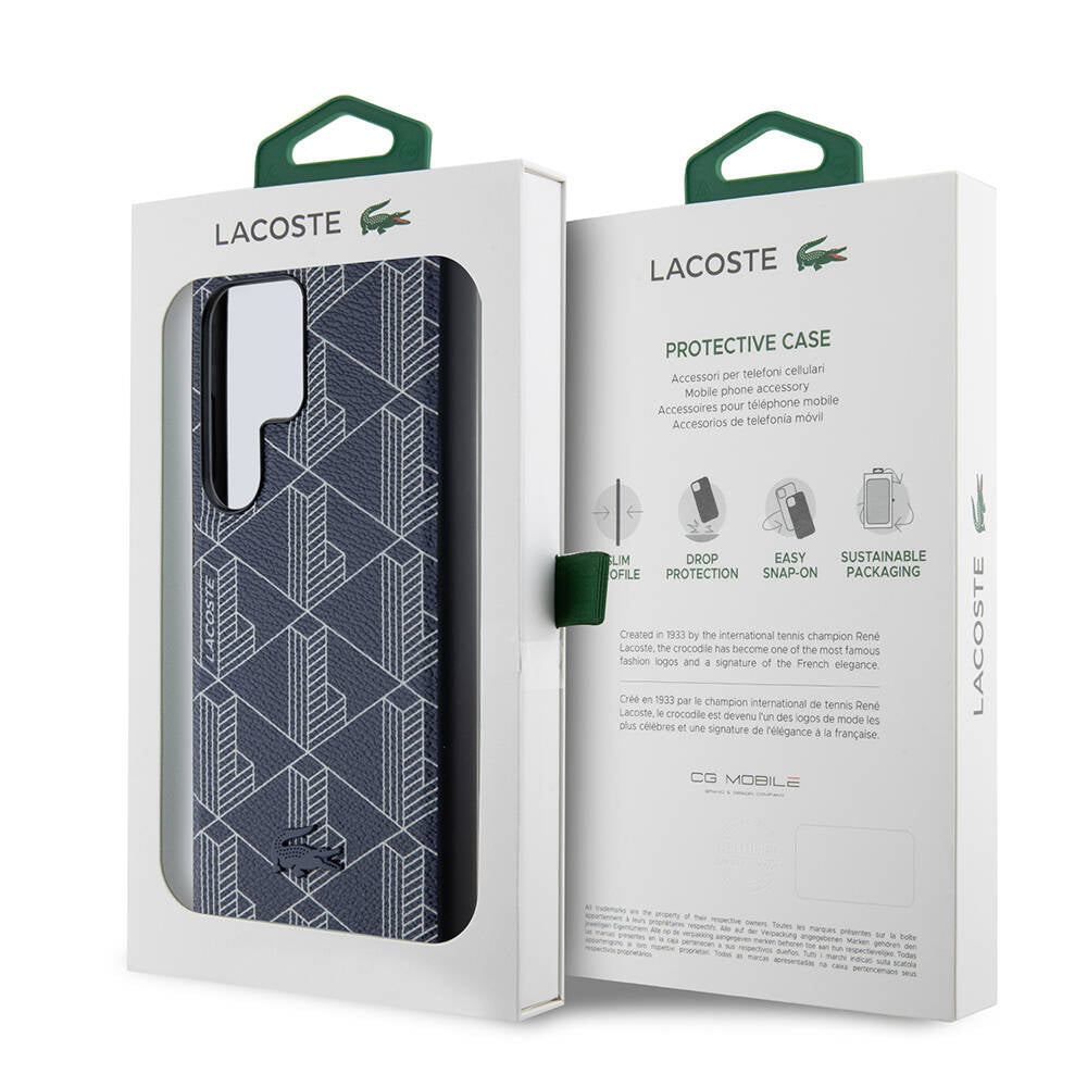 Galaxy S24 Ultra Kılıf Lacoste orijinal Lisanslı M-safe Şarj Özellikli PU Deri Görünümlü Karışık Monogram Desenli Kılıf