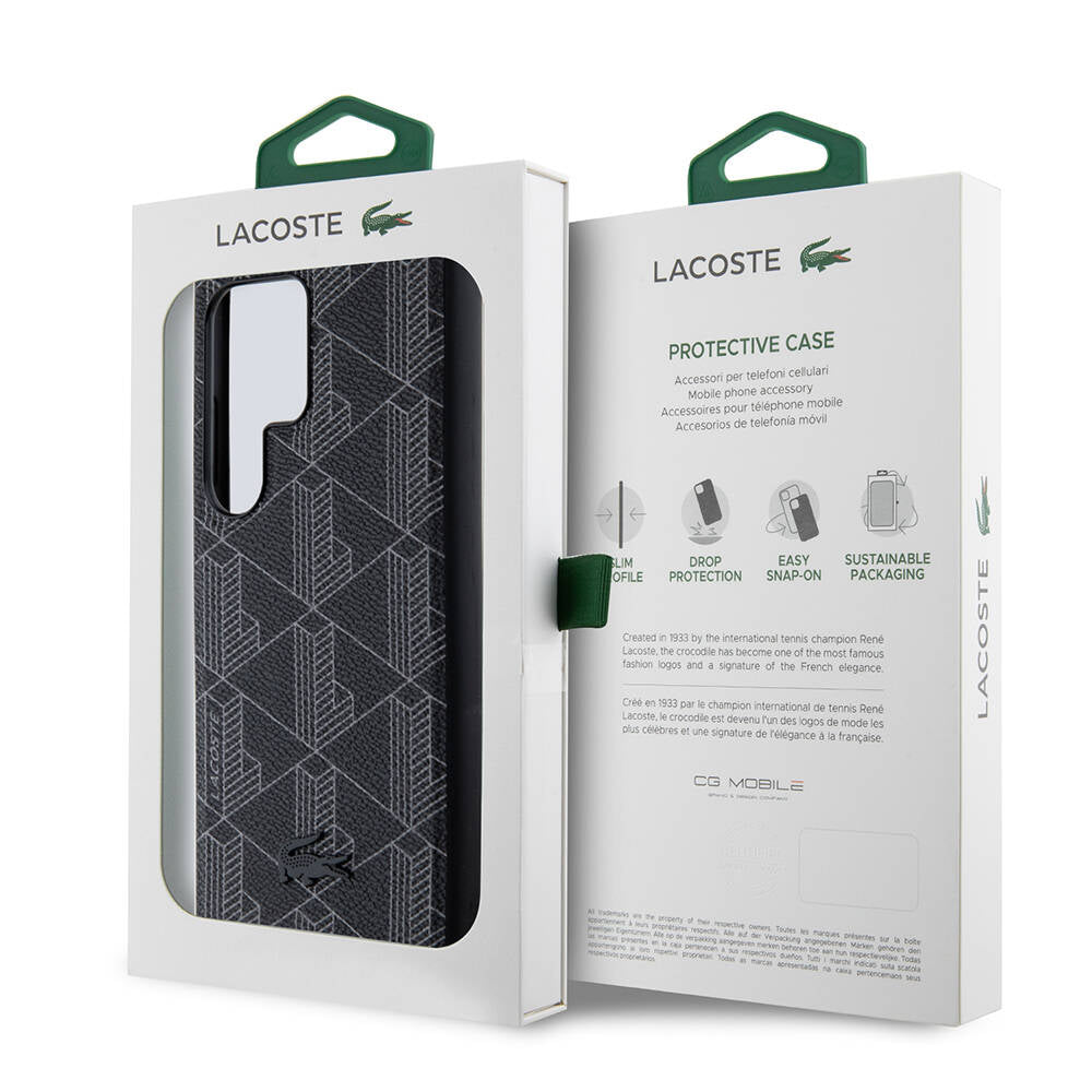 Galaxy S24 Ultra Kılıf Lacoste orijinal Lisanslı M-safe Şarj Özellikli PU Deri Görünümlü Karışık Monogram Desenli Kılıf