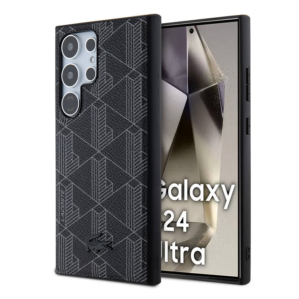 Galaxy S24 Ultra Kılıf Lacoste orijinal Lisanslı M-safe Şarj Özellikli PU Deri Görünümlü Karışık Monogram Desenli Kılıf