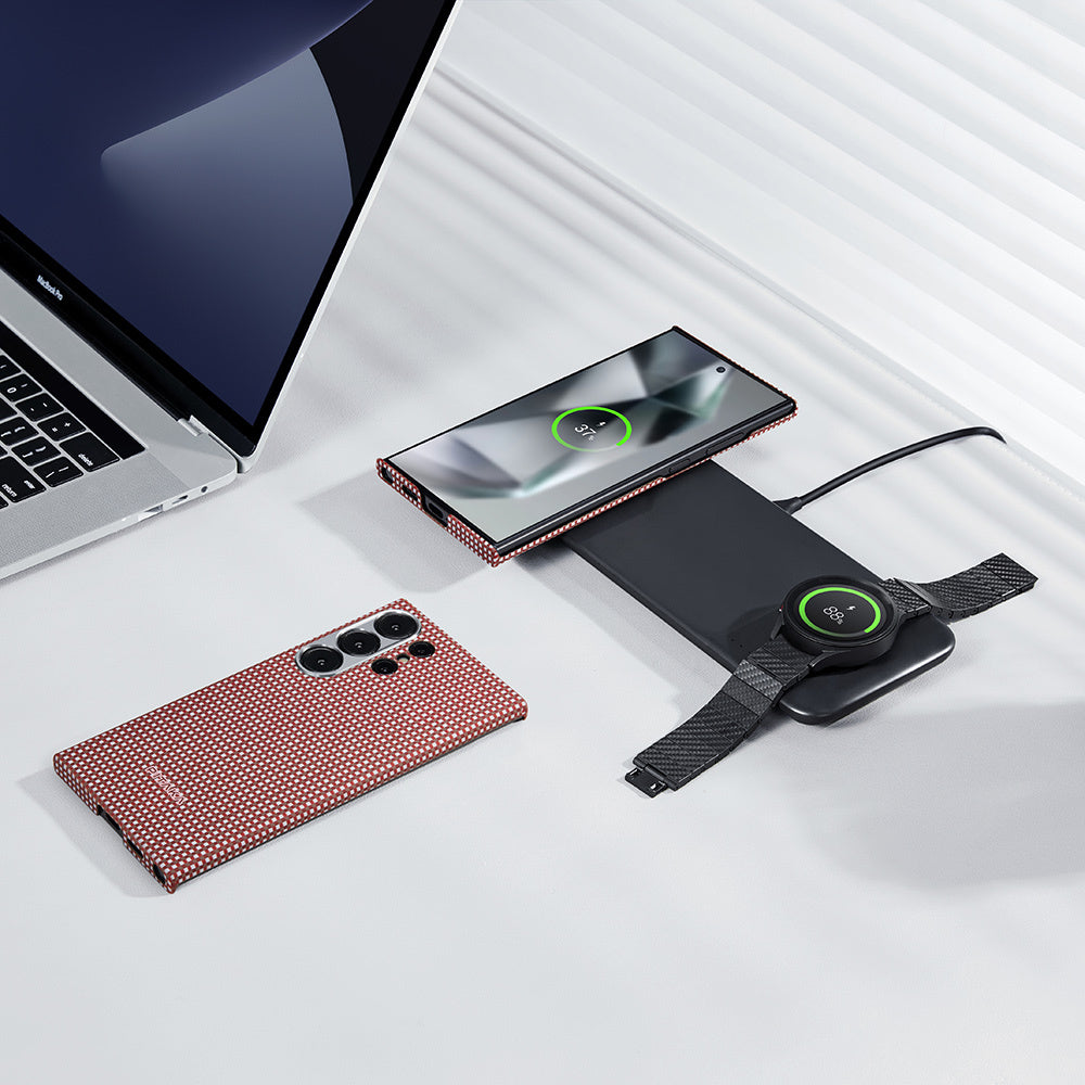 Galaxy S24 Ultra Kılıf M-safe Şarj Özellikli 1500D Aramid Fiber Pitaka Ultra-Slim Classic Serisi Bonfire Kılıf