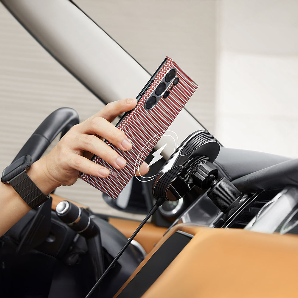 Galaxy S24 Ultra Kılıf M-safe Şarj Özellikli 1500D Aramid Karbon Fiber Pitaka Ultra-Slim Classic Serisi Bonfire Kılıf